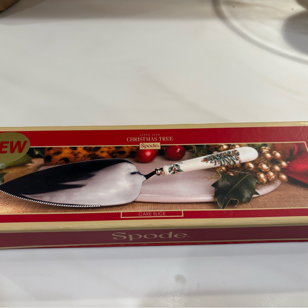 Spode Christmas Tree Cake Server with Red and Green Accents
